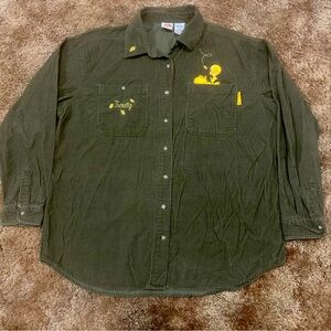 Vintage Looney Tunes Tweety Bird Fall Green Leaves Womens Corduroy Shacket Lrg